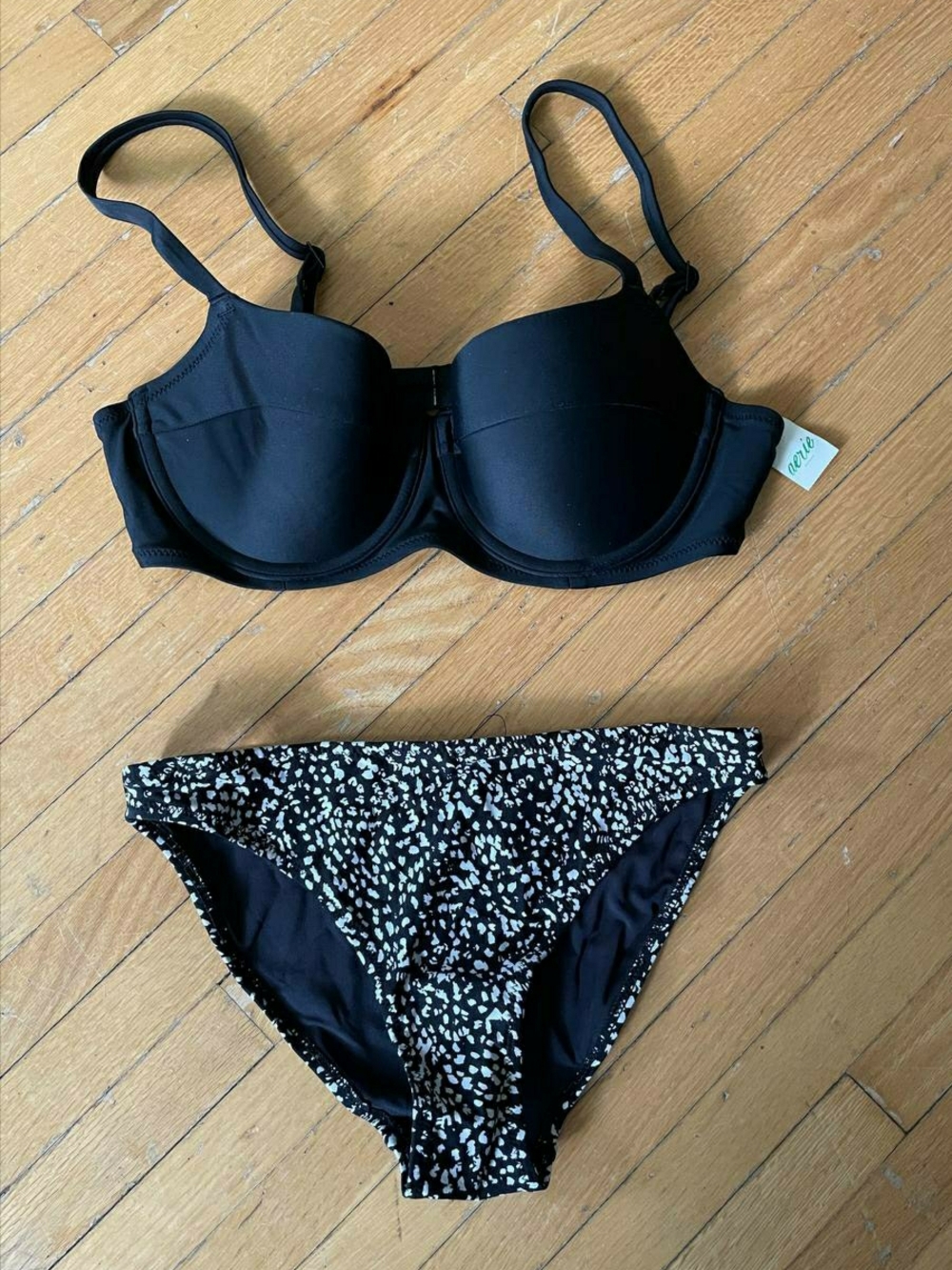 aerie Lightly Lined Underwire Bikini Top & White Printed Bottom, size 34C/ S